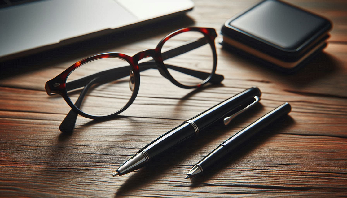 Cosas de escritor, gafas, lapiceras y una laptop