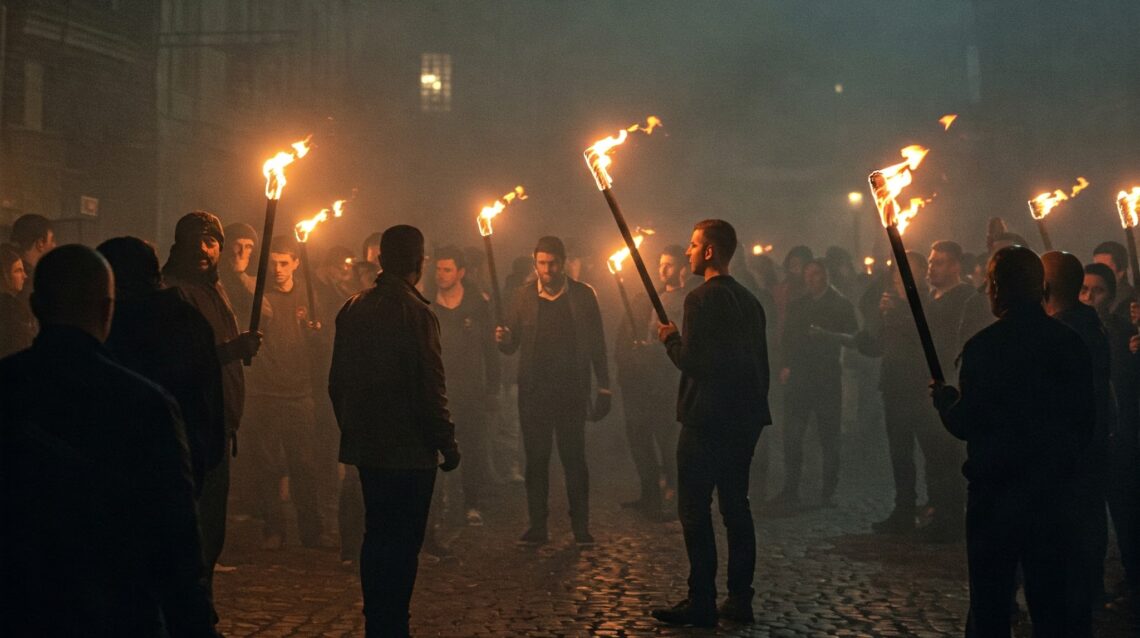 Hombres reunidos en la noche con antorchas