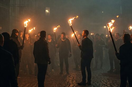 Hombres reunidos en la noche con antorchas